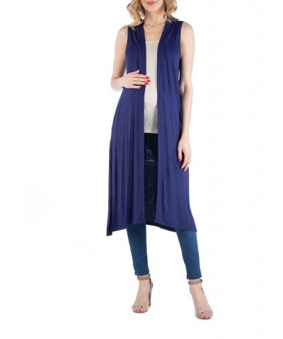 Sleeveless Long Maternity Cardigan with Side Slit Blue $23.69 Sweaters