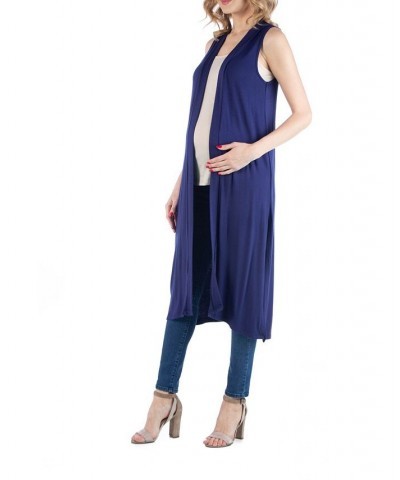 Sleeveless Long Maternity Cardigan with Side Slit Blue $23.69 Sweaters