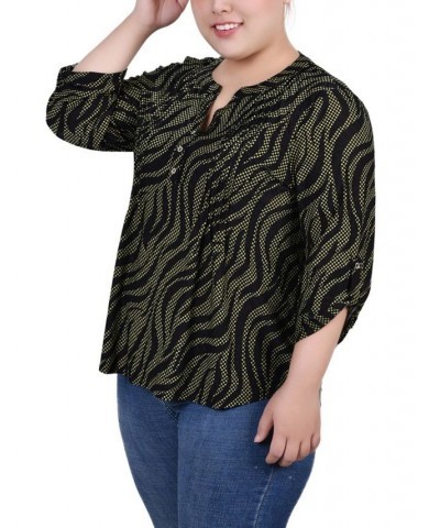 Plus Size 3/4 Roll Tab Pullover Top Black Herbal Zebra $14.31 Tops