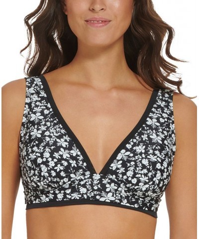 Women's Printed Mesh-Trimmed Bikini Bra Top Black $39.60 Swimsuits