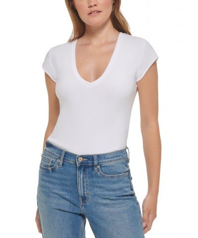 Women's Cap-Sleeve V-Neck Bodysuit White $15.16 Tops