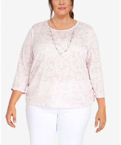 Plus Size Classic Floral Jacquard Butterfly Knit Top with Necklace Pink $29.40 Tops