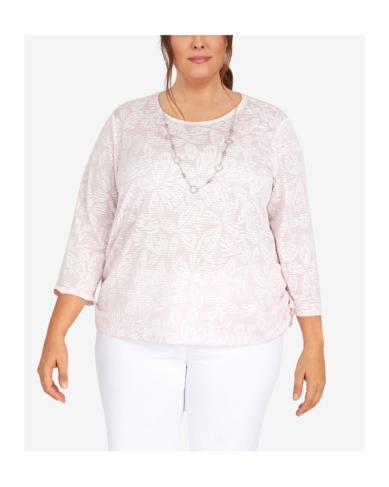 Plus Size Classic Floral Jacquard Butterfly Knit Top with Necklace Pink $29.40 Tops