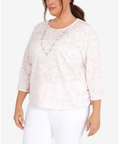 Plus Size Classic Floral Jacquard Butterfly Knit Top with Necklace Pink $29.40 Tops