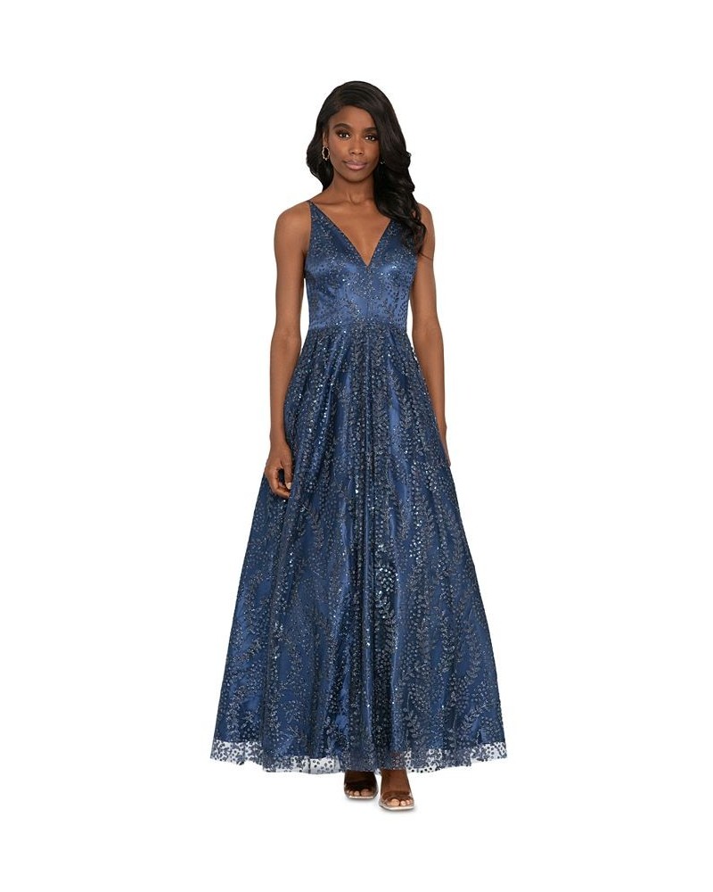 Juniors' Glitter-Mesh V-Neck Ball Gown Periwinkle $83.39 Dresses