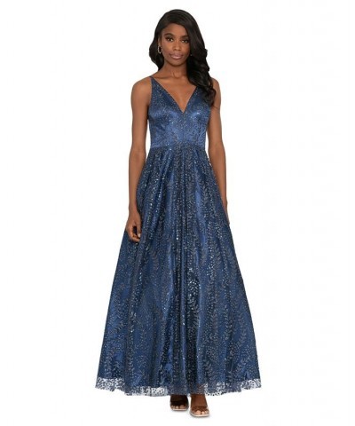 Juniors' Glitter-Mesh V-Neck Ball Gown Periwinkle $83.39 Dresses