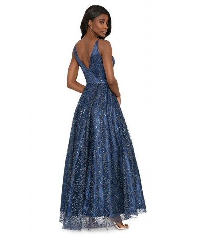 Juniors' Glitter-Mesh V-Neck Ball Gown Periwinkle $83.39 Dresses