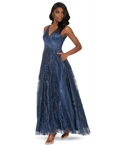 Juniors' Glitter-Mesh V-Neck Ball Gown Periwinkle $83.39 Dresses