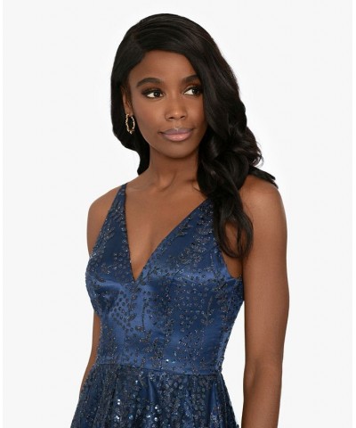 Juniors' Glitter-Mesh V-Neck Ball Gown Periwinkle $83.39 Dresses