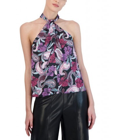 Women's Printed Sleeveless Halter Top Black Multi $45.06 Tops