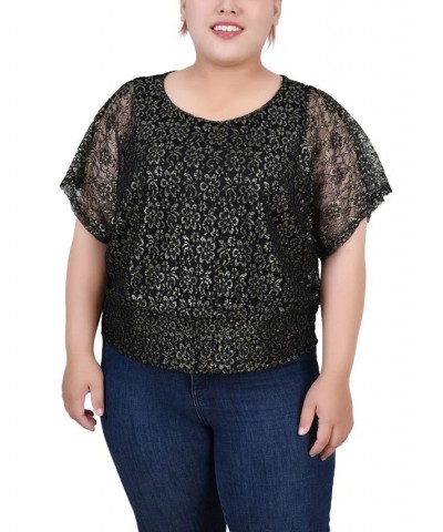 Plus Size Foil Lace Poncho with Smocked Waist Gold-Tone, Black $15.18 Tops