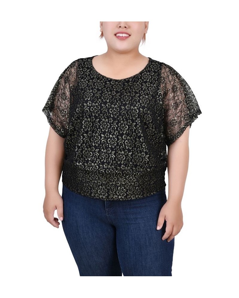 Plus Size Foil Lace Poncho with Smocked Waist Gold-Tone, Black $15.18 Tops