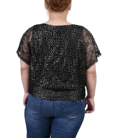 Plus Size Foil Lace Poncho with Smocked Waist Gold-Tone, Black $15.18 Tops