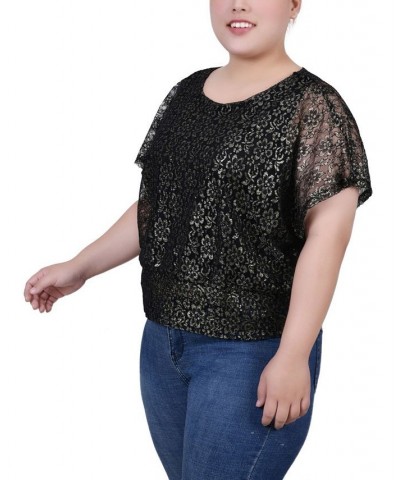 Plus Size Foil Lace Poncho with Smocked Waist Gold-Tone, Black $15.18 Tops