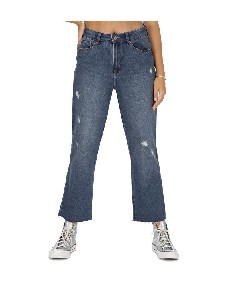 Juniors' Mom Stove Pipe High-Rise Raw-Hem Jeans Indigo Med $16.12 Jeans