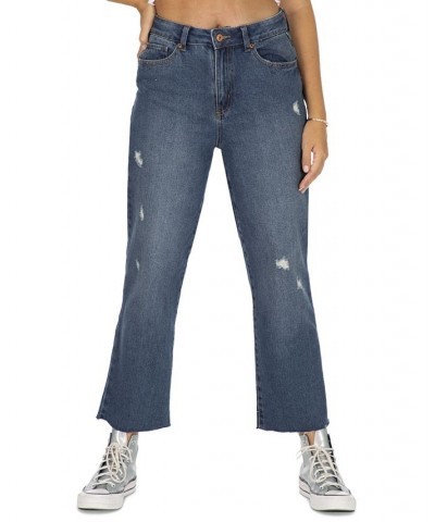 Juniors' Mom Stove Pipe High-Rise Raw-Hem Jeans Indigo Med $16.12 Jeans