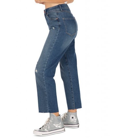 Juniors' Mom Stove Pipe High-Rise Raw-Hem Jeans Indigo Med $16.12 Jeans