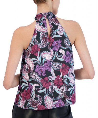 Women's Printed Sleeveless Halter Top Black Multi $45.06 Tops