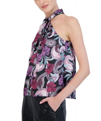 Women's Printed Sleeveless Halter Top Black Multi $45.06 Tops