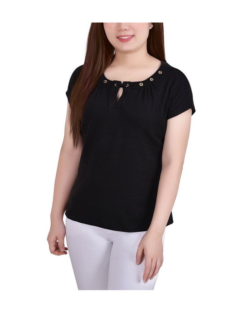 Petite Short Extended-Sleeve Grommet Neck Knit Top Black $17.92 Tops