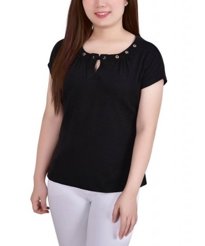 Petite Short Extended-Sleeve Grommet Neck Knit Top Black $17.92 Tops