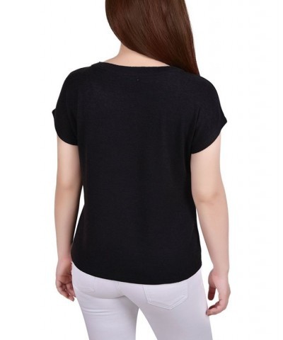 Petite Short Extended-Sleeve Grommet Neck Knit Top Black $17.92 Tops