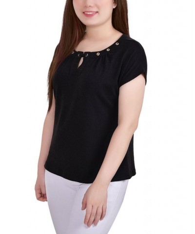 Petite Short Extended-Sleeve Grommet Neck Knit Top Black $17.92 Tops