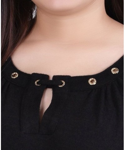 Petite Short Extended-Sleeve Grommet Neck Knit Top Black $17.92 Tops