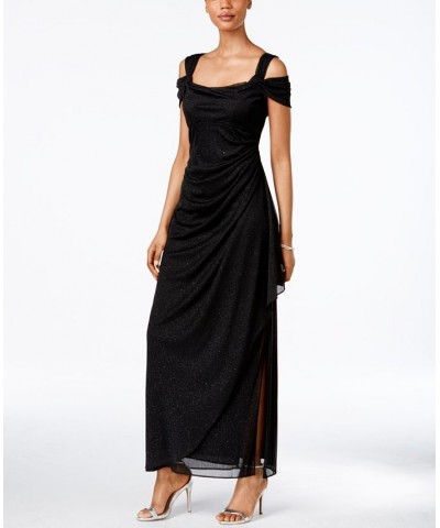 Petite Cold-Shoulder Draped Metallic Gown Black $79.43 Dresses