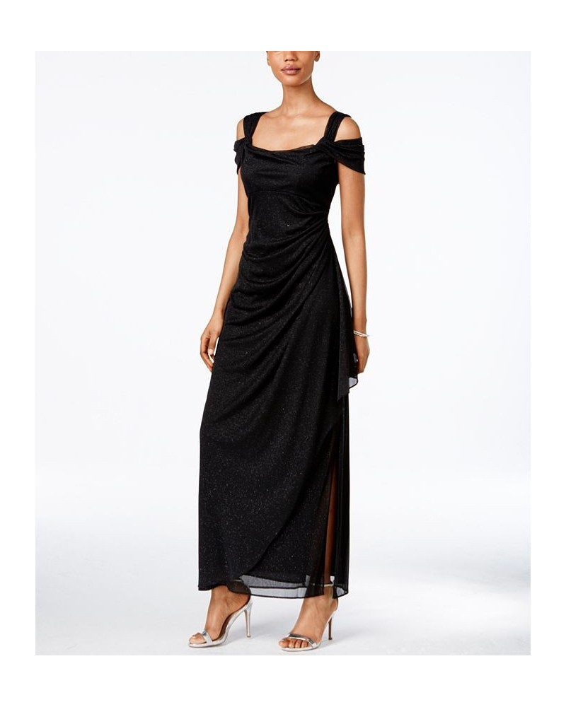 Petite Cold-Shoulder Draped Metallic Gown Black $79.43 Dresses