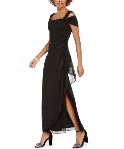 Petite Cold-Shoulder Draped Metallic Gown Black $79.43 Dresses