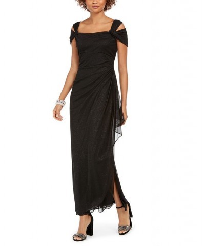 Petite Cold-Shoulder Draped Metallic Gown Black $79.43 Dresses