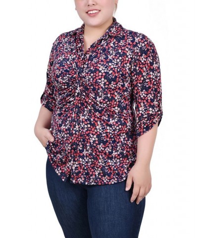 Plus Size 3/4 Roll Tab Rouched-Front Top Navy Red Ditsy Floral $11.97 Tops