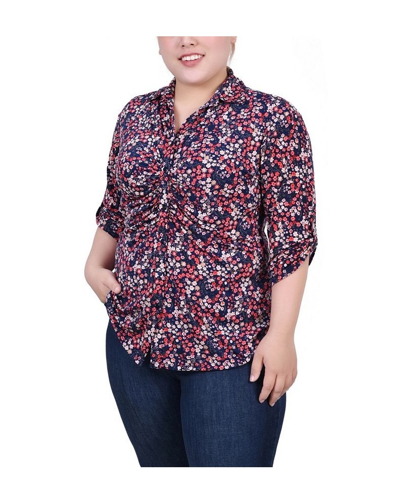 Plus Size 3/4 Roll Tab Rouched-Front Top Navy Red Ditsy Floral $11.97 Tops