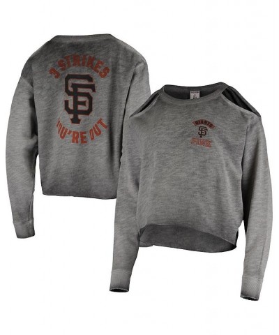 Women's Gray San Francisco Giants Three Strikes Cropped Cold Shoulder Long Sleeve T-shirt Gray $28.00 Tops