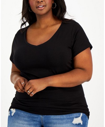 Trendy Plus Size Fitted V-Neck T-Shirt Black $8.83 Tops