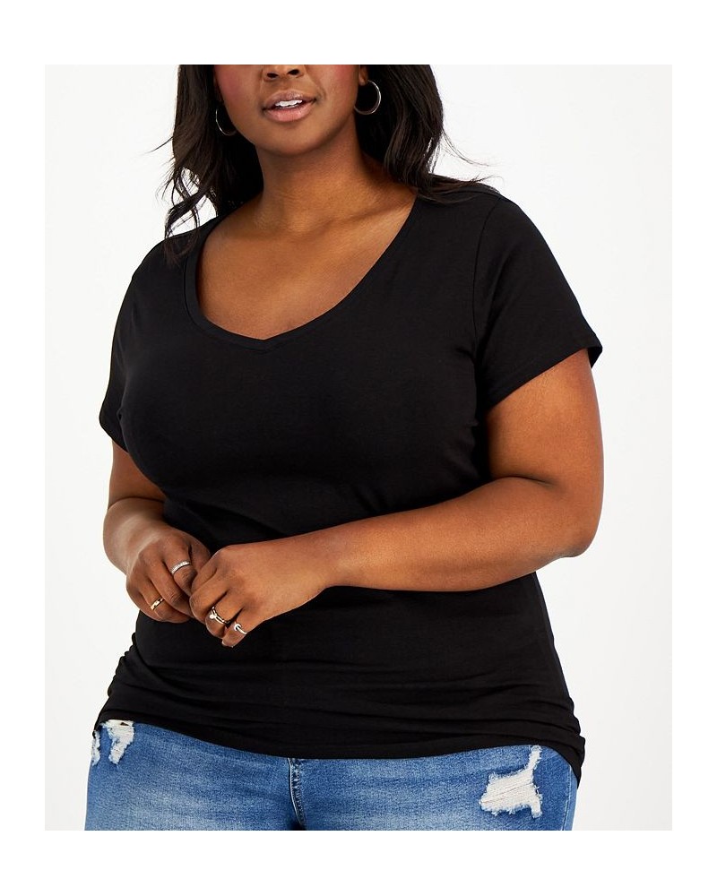 Trendy Plus Size Fitted V-Neck T-Shirt Black $8.83 Tops