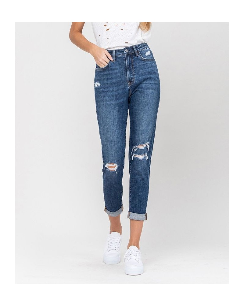 Women's Distressed Roll Up Stretch Mom Jeans Dark Blue $37.37 Jeans