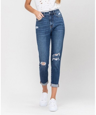 Women's Distressed Roll Up Stretch Mom Jeans Dark Blue $37.37 Jeans