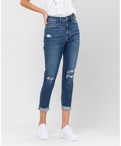 Women's Distressed Roll Up Stretch Mom Jeans Dark Blue $37.37 Jeans