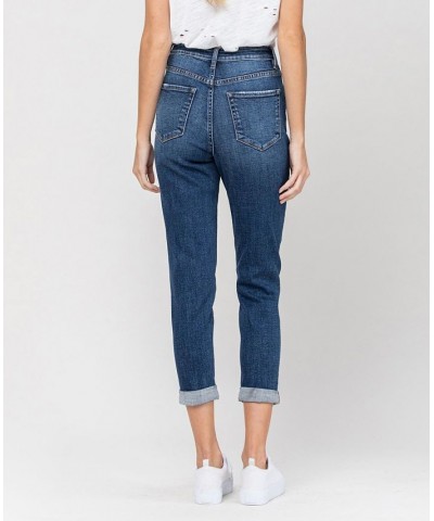 Women's Distressed Roll Up Stretch Mom Jeans Dark Blue $37.37 Jeans