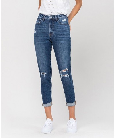 Women's Distressed Roll Up Stretch Mom Jeans Dark Blue $37.37 Jeans