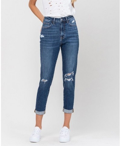 Women's Distressed Roll Up Stretch Mom Jeans Dark Blue $37.37 Jeans