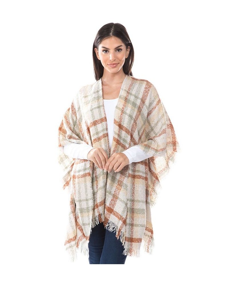 Women's Foil Print Plaid Fringe-Trim Kimono Green $30.53 Sweaters