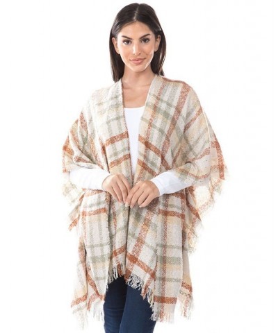 Women's Foil Print Plaid Fringe-Trim Kimono Green $30.53 Sweaters