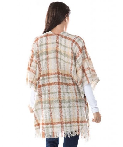 Women's Foil Print Plaid Fringe-Trim Kimono Green $30.53 Sweaters