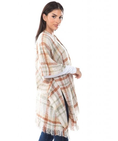 Women's Foil Print Plaid Fringe-Trim Kimono Green $30.53 Sweaters