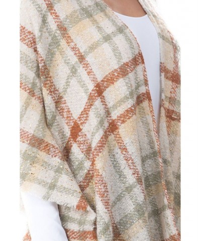 Women's Foil Print Plaid Fringe-Trim Kimono Green $30.53 Sweaters