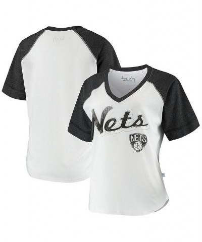 Women's White and Black Brooklyn Nets Around the Horn Rhinestone Raglan Tri-Blend V-Neck T-shirt White, Black $26.99 Tops