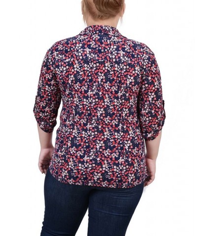 Plus Size 3/4 Roll Tab Rouched-Front Top Navy Red Ditsy Floral $11.97 Tops